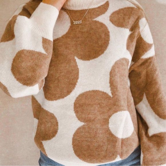 Khaki Big Flower Pattern Shift Drop Shoulder Sweater - Picture 2 of 10